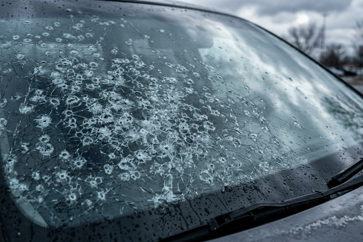 Miniatura artykułu o gradzie i uszkodzeniu szyby, plik thumb-hail-1200x800.webp, wymiary 1200×800 pikseli
